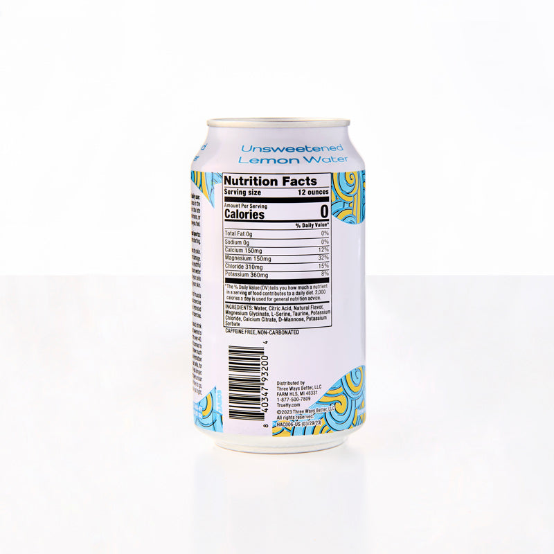 True Hydration Back of Can Unsweetened Lemon Water